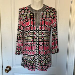 Tory Burch Silk Pink and Black Geometric Tunic XSmall Beaded
